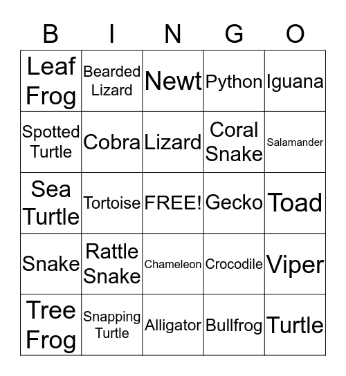 Reptile and Amphibian  Bingo Card