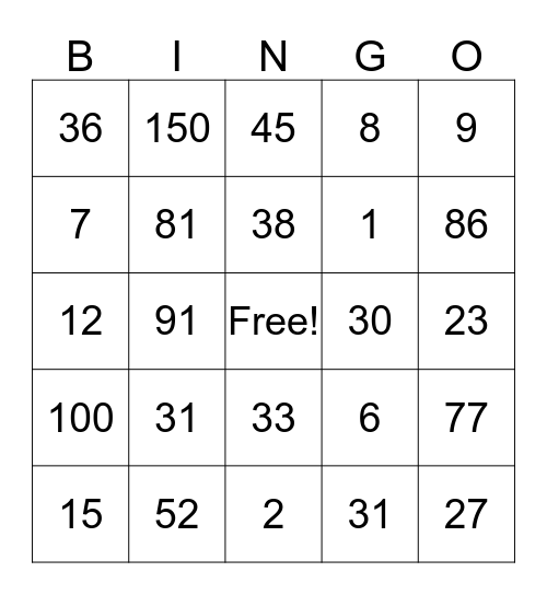 Number Bingo Card