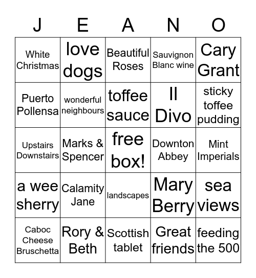 JEAN (80 YEARS YOUNG) FAVOURITE THINGS Bingo Card