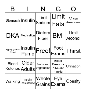 Diabetes Bingo Card