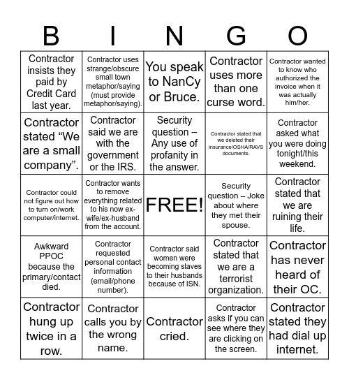 Contractor Bingo Card