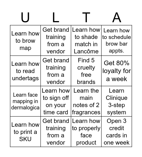 Ulta Training Bingo  Bingo Card