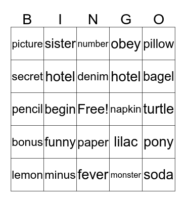 Word Study Bingo Card