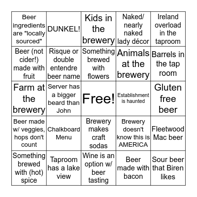 Rochester Beer Tour Bingo Card