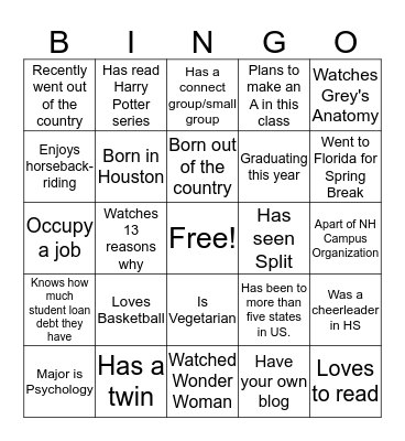 General Psychology Bingo Card