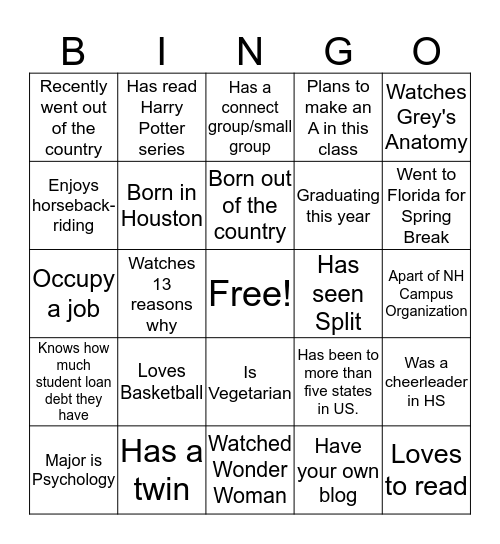 General Psychology Bingo Card