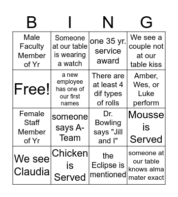 Presidents Dinner Bingo Card