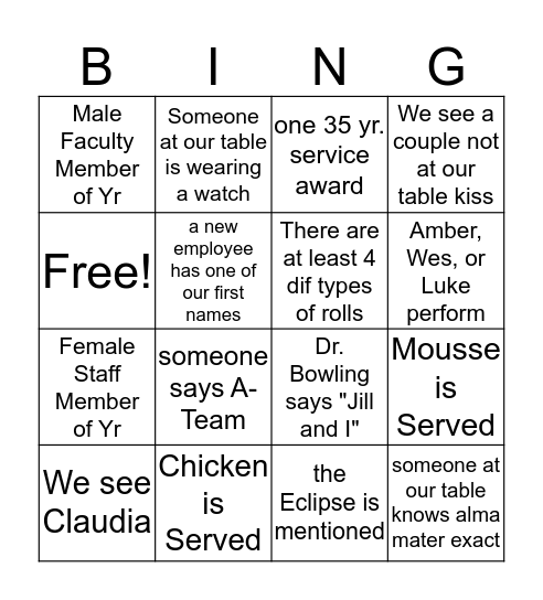 Presidents Dinner Bingo Card