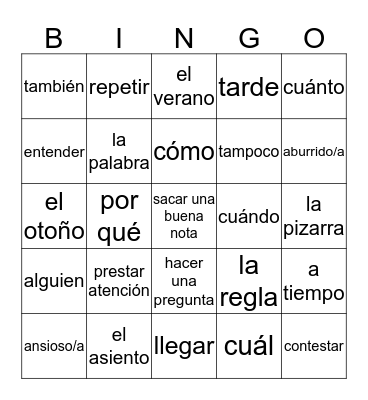 Unidad 1 Bingo Card