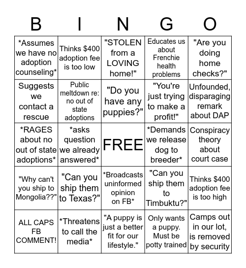 French Bulldog Bingo! Bingo Card