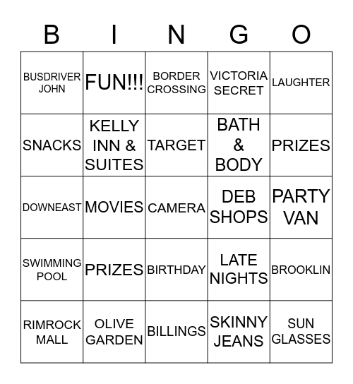 SHOPPING BINGO Card