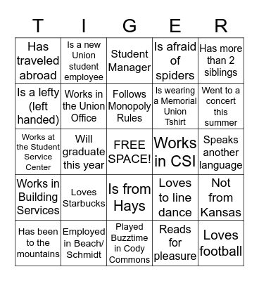 Tiger Bingo - Memorial Union Edition Bingo Card
