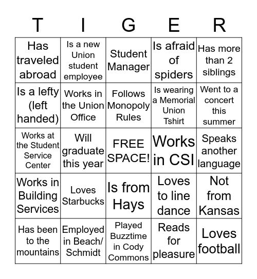 Tiger Bingo - Memorial Union Edition Bingo Card