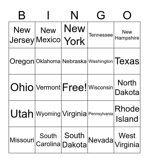 USA States Bingo Card