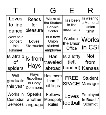 Tiger Bingo - Memorial Union Edition Bingo Card