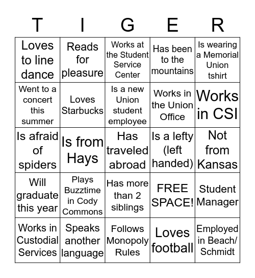 Tiger Bingo - Memorial Union Edition Bingo Card