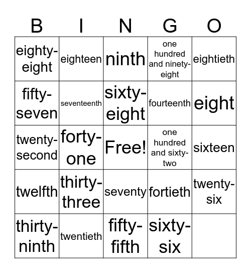 NUMBERS BINGO Card