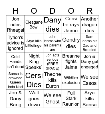 Season 7 Finale Bingo Card