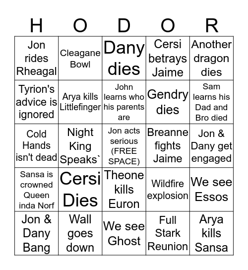 Season 7 Finale Bingo Card