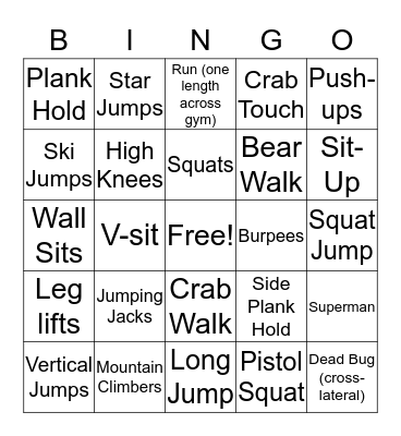 Fitness Bingo Card