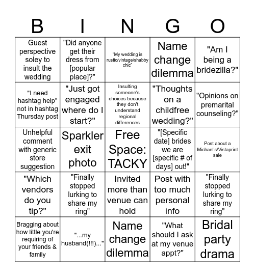 Weddit Bingo Card