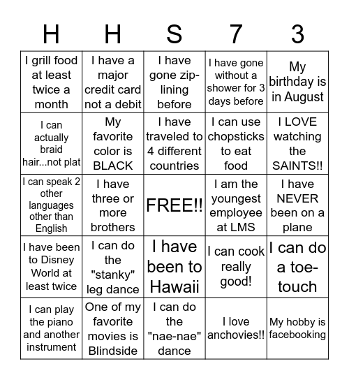 HHS Class of 73 Bingo Card