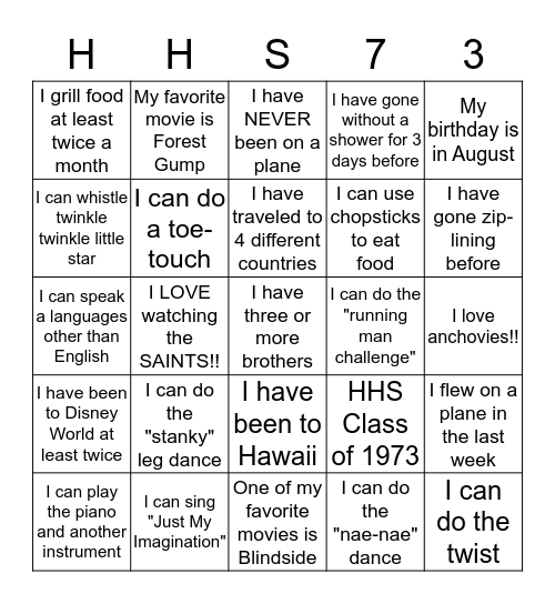 HHS Class of 73 Bingo Card