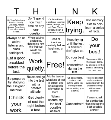 THINK - Test Prep Bingo Card