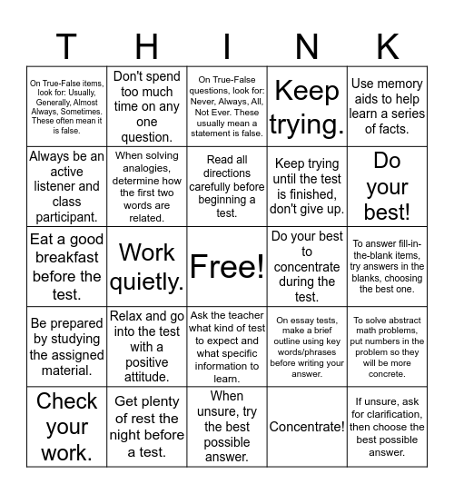 THINK - Test Prep Bingo Card