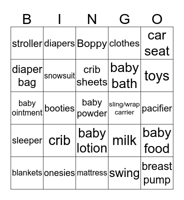 Micah's Baby Shower Bingo Card