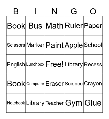 Back to School Bingo Card