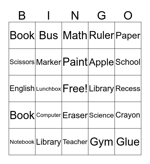 Back to School Bingo Card