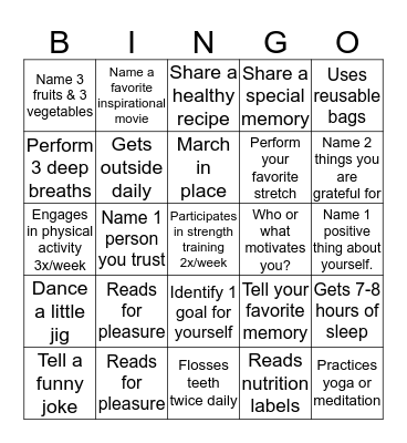 Wellness Bingo Card