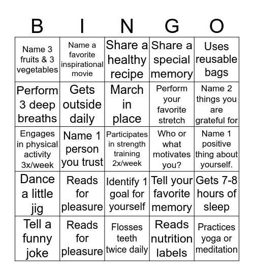Wellness Bingo Card