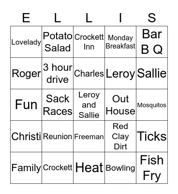 L and S Family Reunion Bingo Card