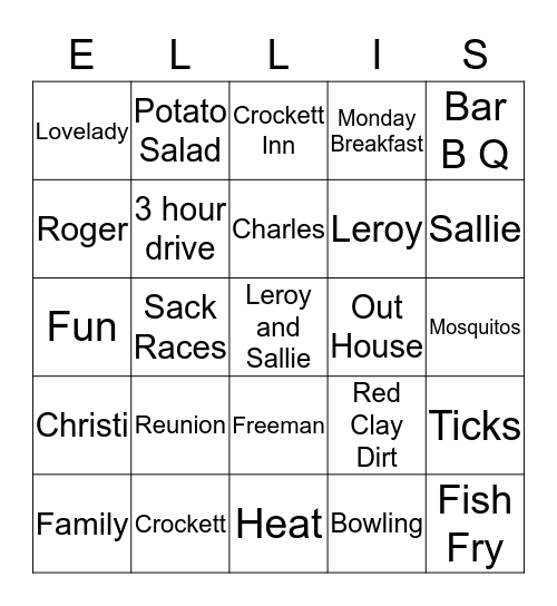 L and S Family Reunion Bingo Card