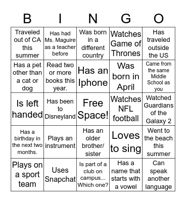 Find Someone In This Class Who... Bingo Card