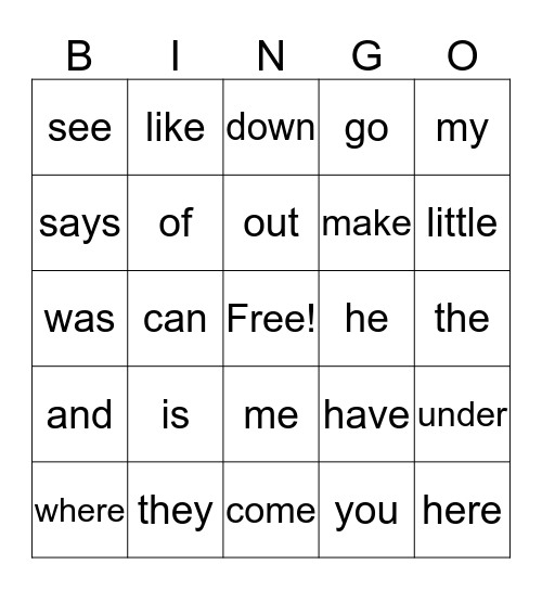 Kindergarten Word Bingo Card