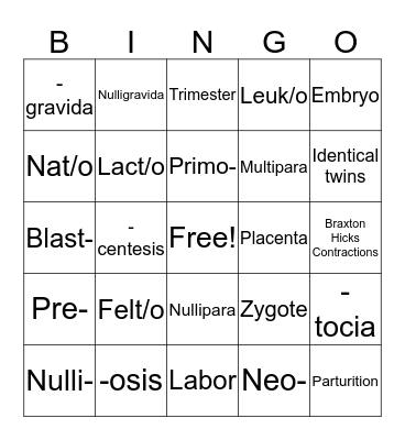 PREGNANCY BINGO Card