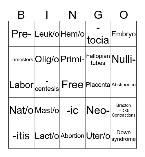 Pregnancy BINGO Card