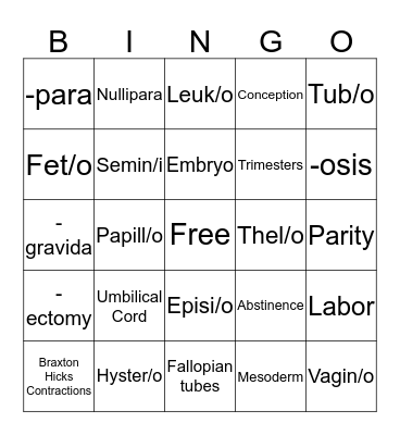 Pregnancy BINGO Card