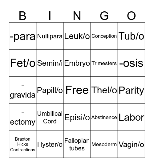 Pregnancy BINGO Card