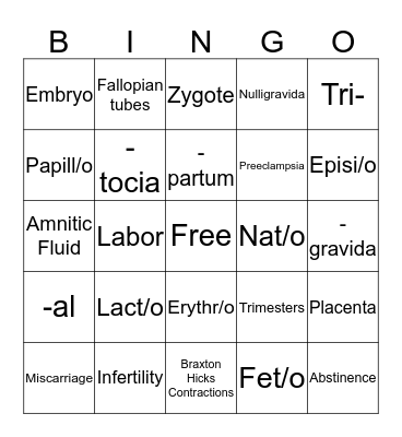 Pregnancy BINGO Card