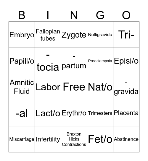 Pregnancy BINGO Card