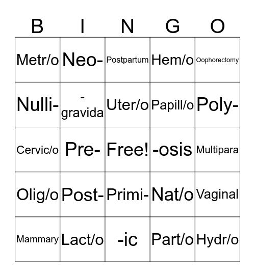 Pregnancy BINGO Card