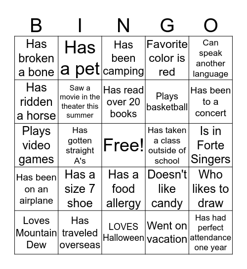 Get to know your classmates (Find someone who...) Bingo Card