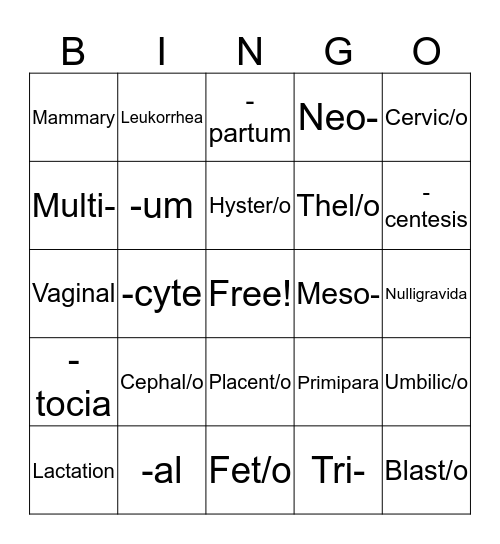 Pregnancy BINGO Card