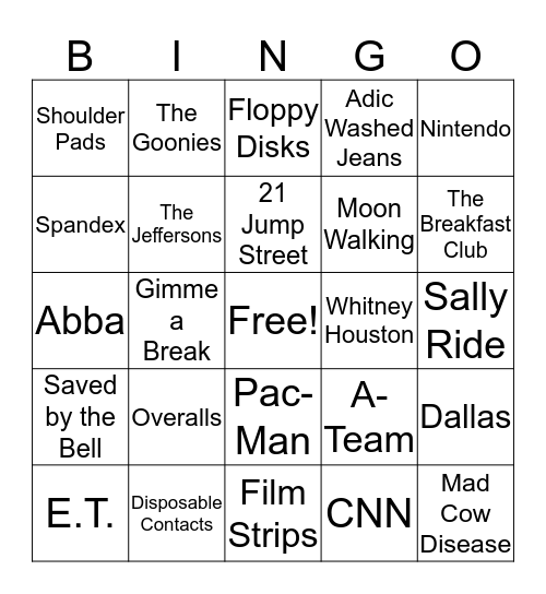 My Favorite Things From the 1980's! Bingo Card