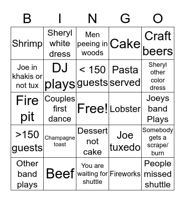 Joes wedding Bingo Card