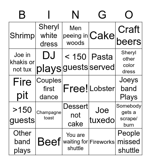 Joes wedding Bingo Card